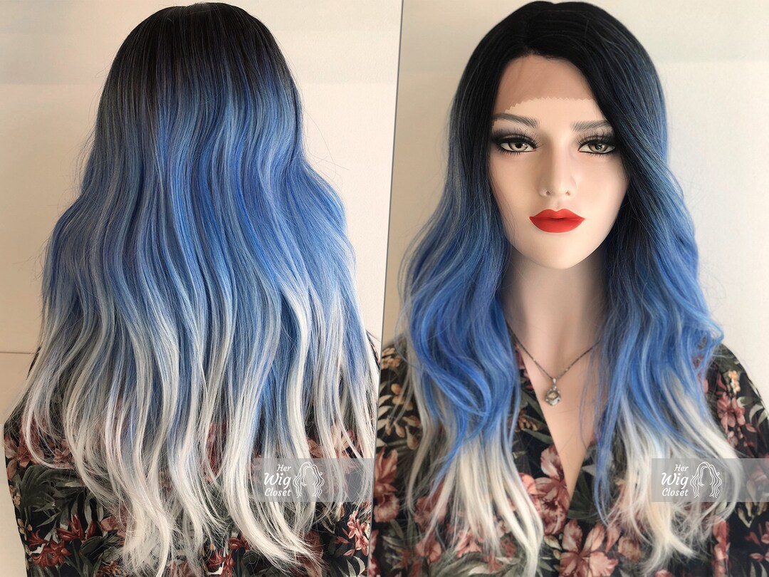 Blue Lace Wig Ombre Blue Black Roots With White Color Tips Wig