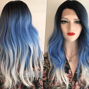 Blue Lace Wig Ombre Blue Black Roots with White Color Tips Wig Sapphires Hair Party Cosplay Alopecia Hair Loss | Her Wig Closet | Sapphire