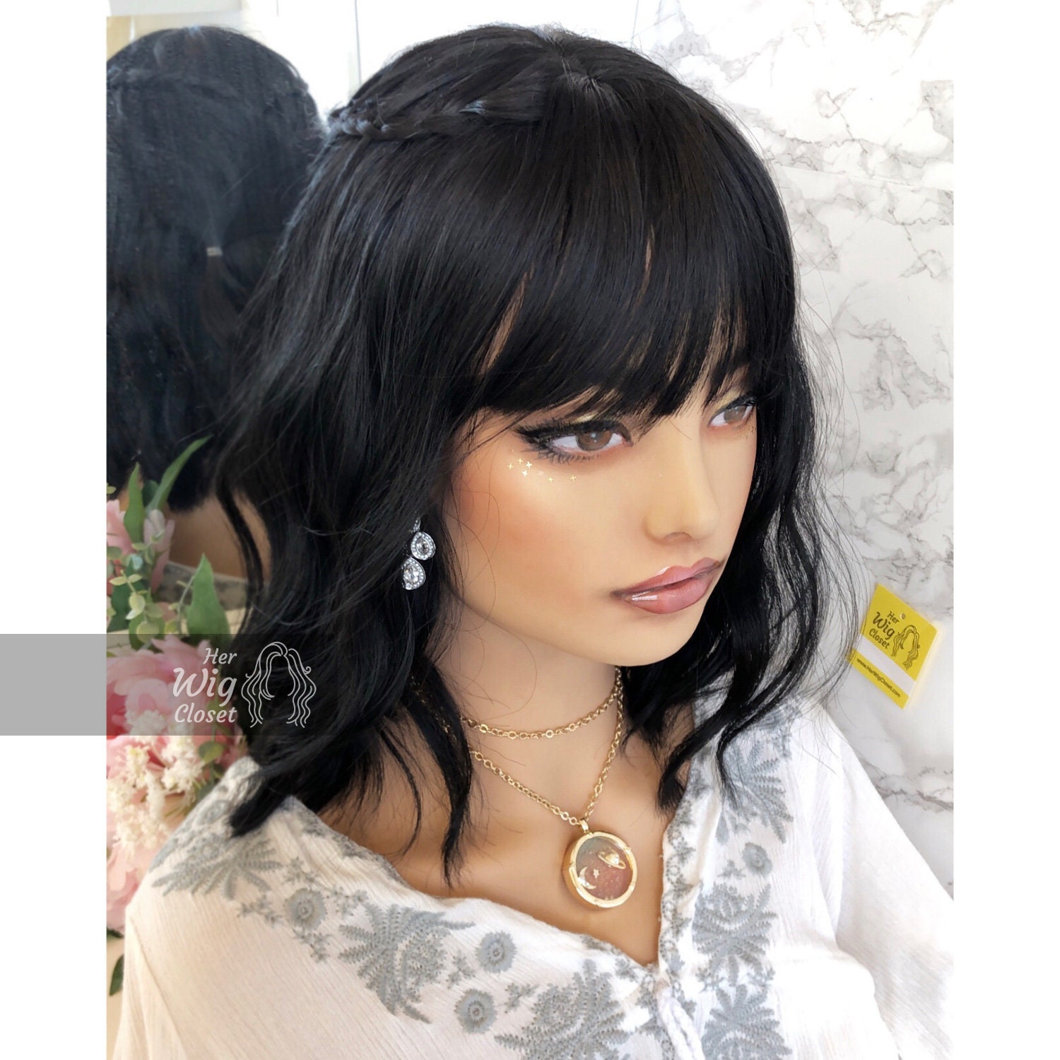Natural Black Wavy Wig with Bangs | Mathilda Relena 30 Black Curly Wig with Bangs | Heat Resistant  main image 2