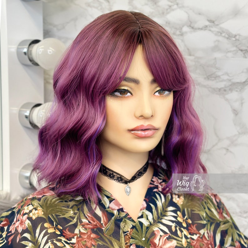 Purple Pink Ombre Wavy Bob Wig With Bangs Her Wig Closet Hair loss Alopecia Cosplay Violet image 3