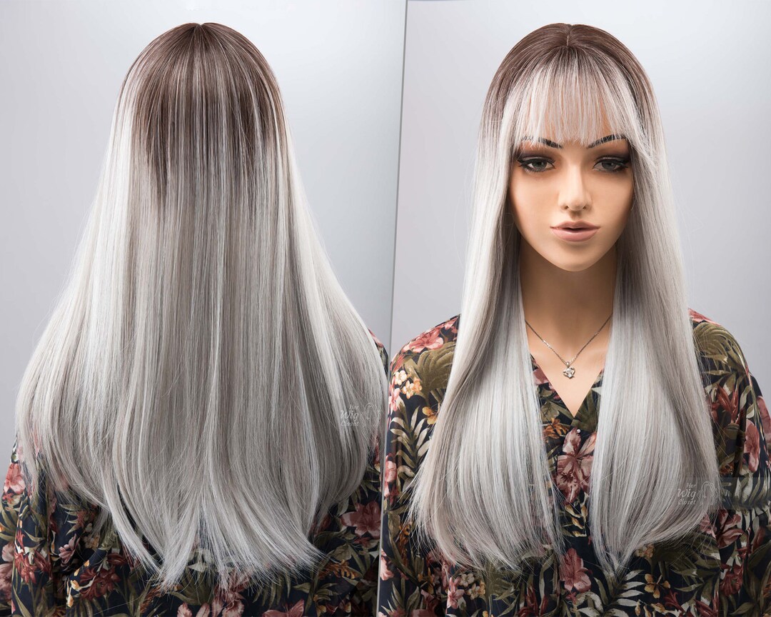 Salt and Pepper Wig With Bangs Long Ombre Grey Wig Silver Gray Etsy
