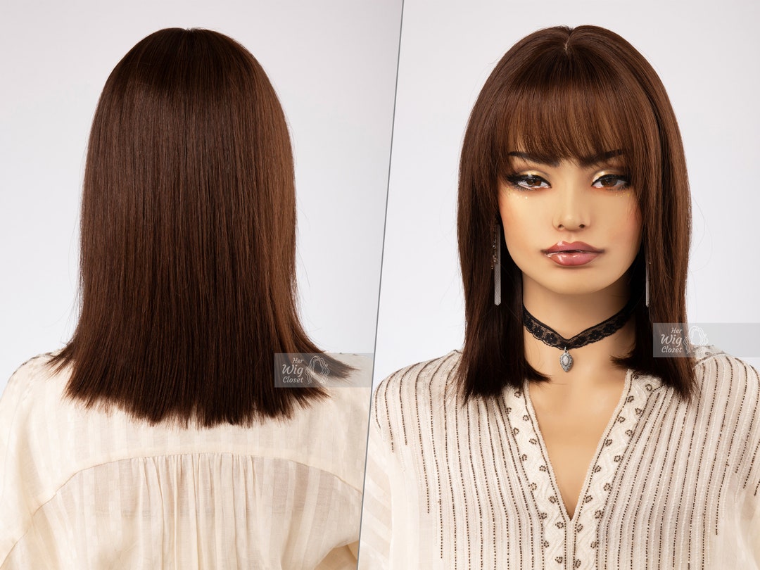Natural Brown Wig Real Hair Wig With Bangs Human Hair Etsy