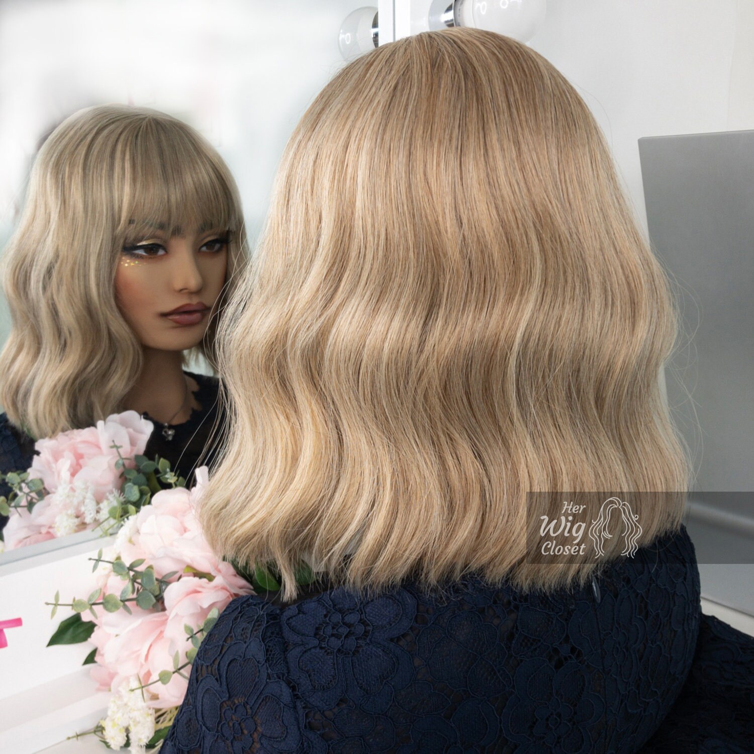 Ashy Blonde Wavy Wig With Bangs | Her Wig Closet | Alicia - Etsy
