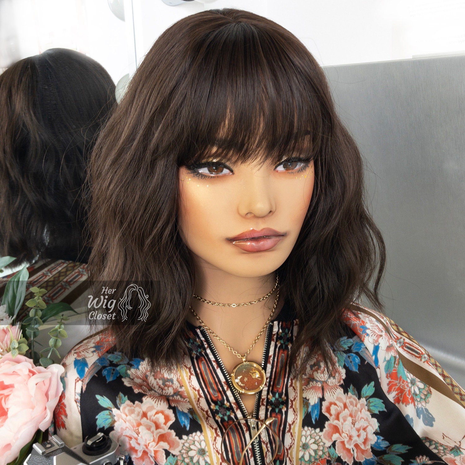 Brunette Medium Brown Wavy Wig with Bangs | Mila Goodly Dark Brown Short Wigs with Air Bangs for Women - 14  main image 3