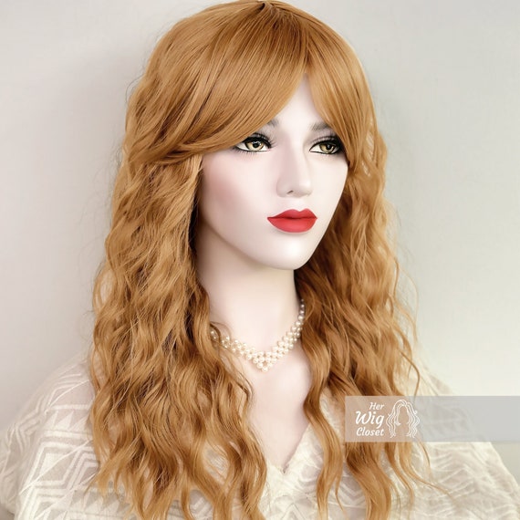 Long curly blonde wig with bangs deals