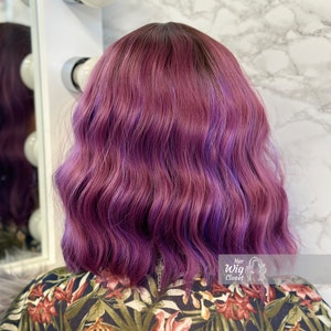 Purple Pink Ombre Wavy Bob Wig With Bangs Her Wig Closet Hair loss Alopecia Cosplay Violet image 4