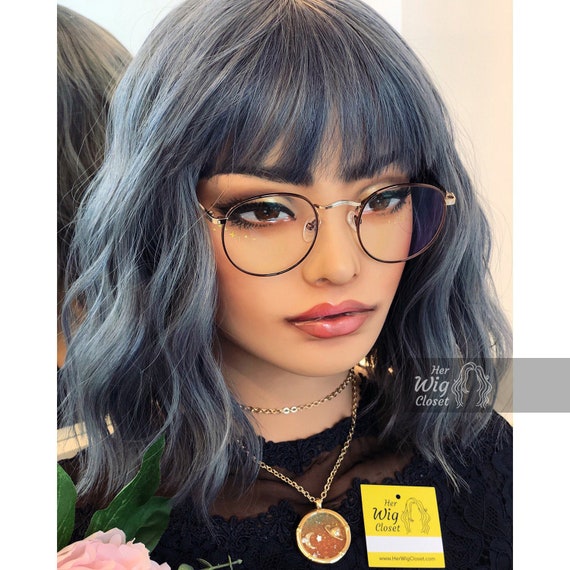 Ash Blue Gray Wavy Wig With Bangs Stacy Etsy