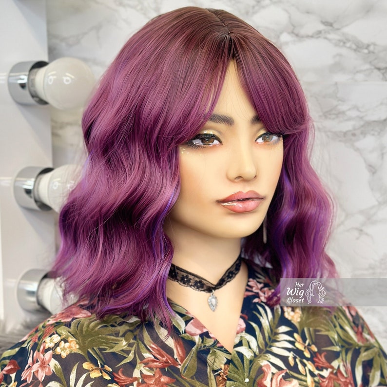 Purple Pink Ombre Wavy Bob Wig With Bangs Her Wig Closet Hair loss Alopecia Cosplay Violet image 1