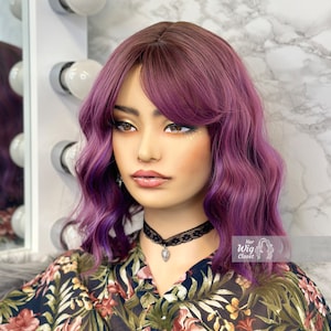 Purple Pink Ombre Wavy Bob Wig With Bangs Her Wig Closet Hair loss Alopecia Cosplay Violet image 5