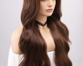 Perruque Longue Femme Couleur Chocolat Mèches Cuivrées - Tania 627C - Synthétique Raie Libre - Neuf Avec Étiquettes