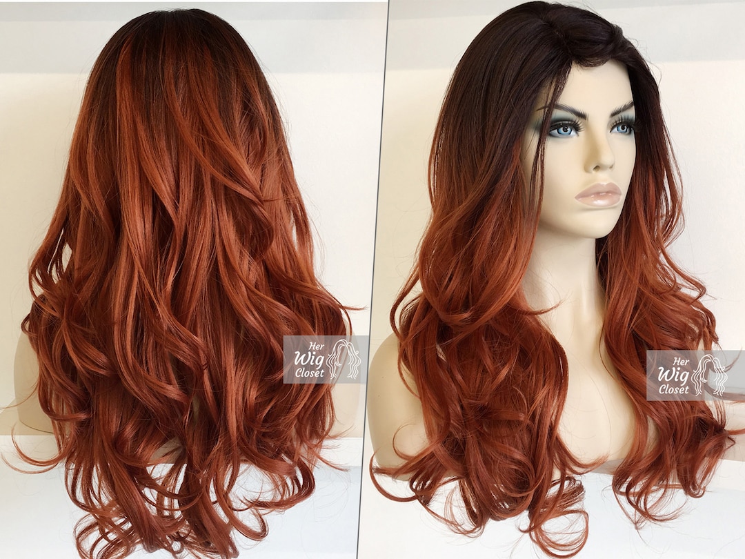 Rusty Red Wig Copper Ombre Hair Wavy Wig Dark Roots Long Hair Etsy 日本
