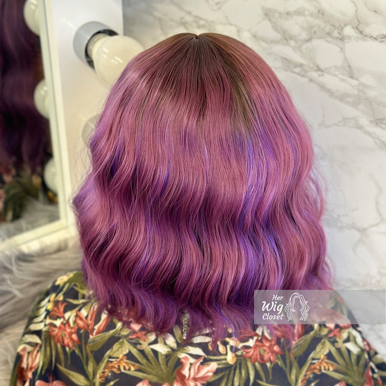 Purple Pink Ombre Wavy Bob Wig With Bangs Her Wig Closet Hair loss Alopecia Cosplay Violet image 6