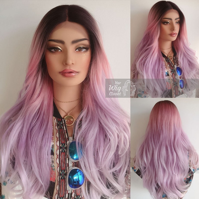 Pastel Pink/Purple Wig | Dark Roots Pink/Purple Ombre | Beach Wavy | Heat Resistant | Gift For Her | Kylie 