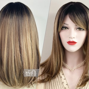 Dark Roots Ombre Blonde Highlight Balayage Straight Hair Wig with Bangs | Her Wig Closet | Elisa