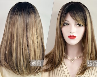 Dark Roots Ombre Blonde Highlight Balayage Straight Hair Wig with Bangs | Her Wig Closet | Elisa