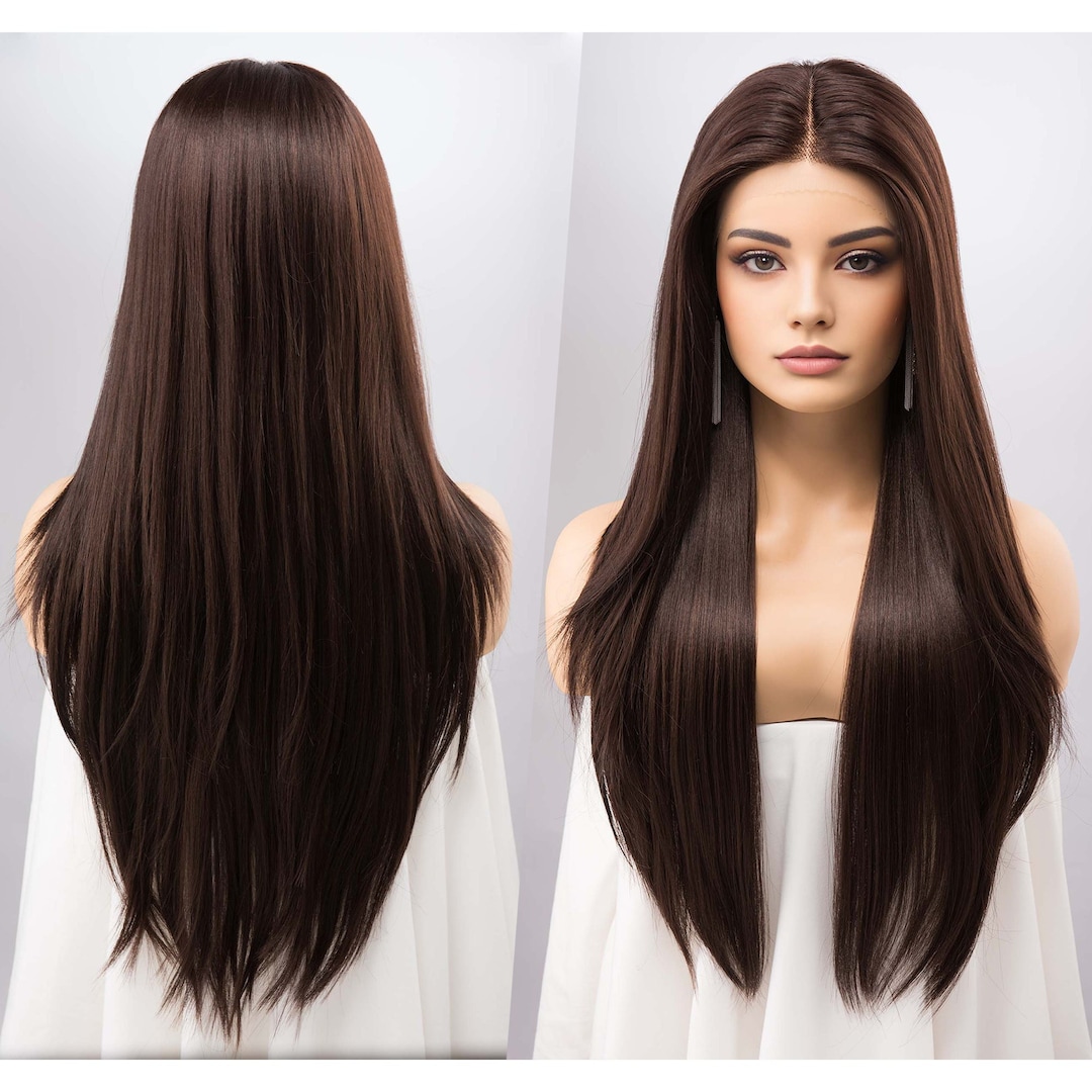 Dark Brown Wig Lace Front Wig Natural Straight Layered Cut Brown Wigs