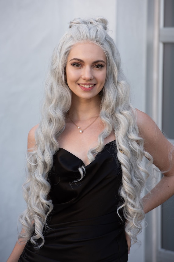 White Gray Beauty Lace Front Wig Amazon.com : BLL Silver Lace Front Wig, 30 Inch Gray  main image 3