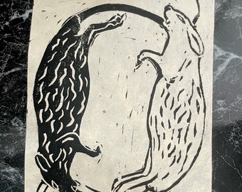 Huile et colle - Impression linogravure originale - Rats et souris - Papier bio