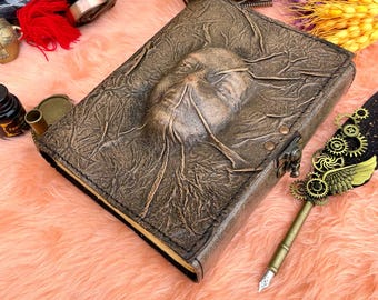 Handcrafted Leather Journal: Embossed Face, Gothic Grimoire, Dark Fantasy Spellbook