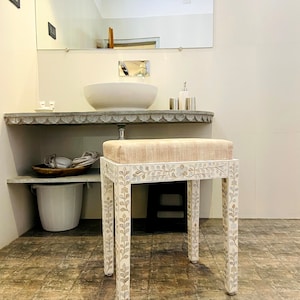 Handmade mother of pearl inlay stool in white color which can go along with vanity console ,mirror