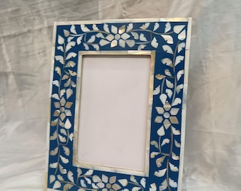 Handmade Mother of Pearl Inlay Photo Frame: Blue Floral Design (6x4, 7x5, 8x10 inch)