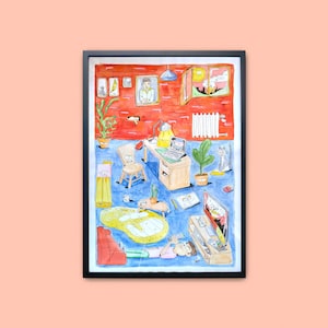Peut inclure: Illustration encadrée à l'aquarelle d'un intérieur de pièce. L'œuvre représente une personne allongée sur le sol regardant la télévision, un bureau avec un ordinateur portable et divers autres objets. La palette de couleurs comprend le rouge, le bleu, le jaune et le vert.