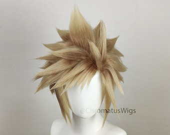 May include: A blonde cosplay wig with a spiky style. The wig is on a white mannequin head. The text "@ChromatusWigs" is visible on the mannequin's chest.