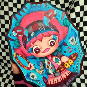 Kawaii punk tambourine girl, original painting, punk girl, kawaii painting, Aya Masuda