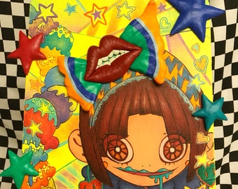 Tarako the Paradise, original painting, ice cream girl, kawaii painting, kawaii lips bow sculpture, Aya Masuda