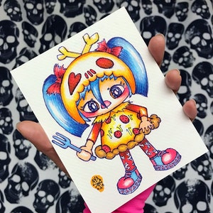May include: A vibrant illustration of a cartoon character with a skull-shaped head, blue hair, and a pizza-themed dress, holding a fork. The artwork is signed and dated. The background features a pattern of black skulls on a white surface.