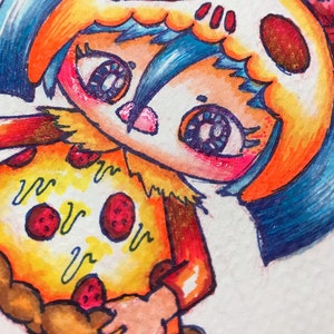 May include: A vibrant illustration of a cartoon character dressed as a pizza slice. The character features blue hair, a skull-shaped head covering, and large eyes. The pizza slice has pepperoni toppings and a brown crust.