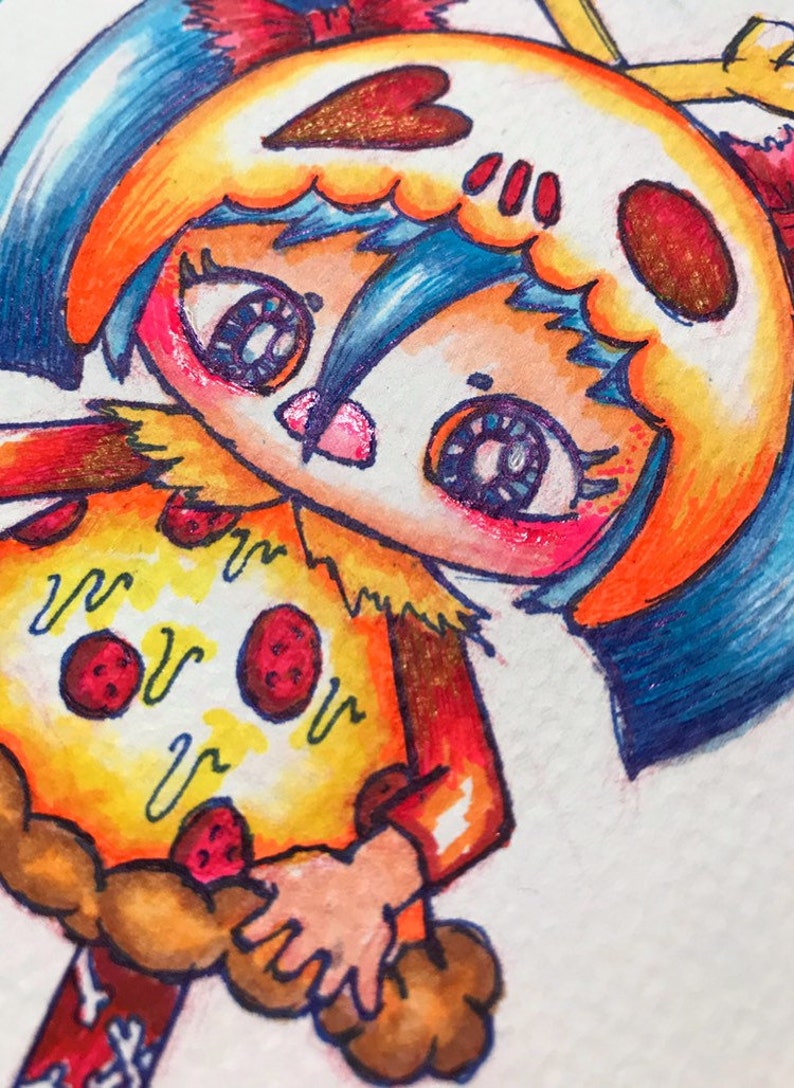 May include: A vibrant illustration of a cartoon character dressed as a pizza slice. The character features blue hair, a skull-shaped head covering, and large eyes. The pizza slice has pepperoni toppings and a brown crust.