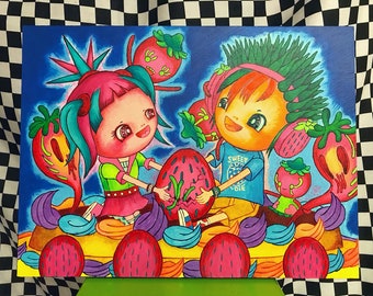 Strawberry Heaven, original painting, kawaii punk girl punk boy, couple, kawaii painting, Aya Masuda