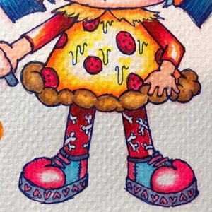May include: A colourful illustration of a character in a pizza costume. The character's dress is a pizza slice with pepperoni and cheese. They wear red socks with bone patterns and pink and blue trainers. The artwork has a playful style.