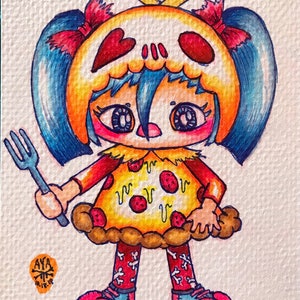 May include: A colourful watercolour illustration of a pizza-themed character holding a fork. The character has a skull-shaped head with heart-shaped eyes, blue hair, and a pizza dress. The character wears red socks with bone designs and pink shoes.