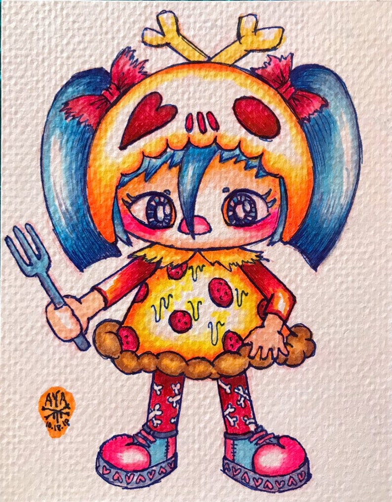 May include: A colourful watercolour illustration of a pizza-themed character holding a fork. The character has a skull-shaped head with heart-shaped eyes, blue hair, and a pizza dress. The character wears red socks with bone designs and pink shoes.