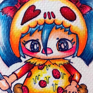 May include: A vibrant cartoon illustration of a character with blue hair and a skull-shaped head. The character is dressed in a pizza-themed outfit, complete with pepperoni and a brown crust. Red bows are in the hair, and it holds a knife.