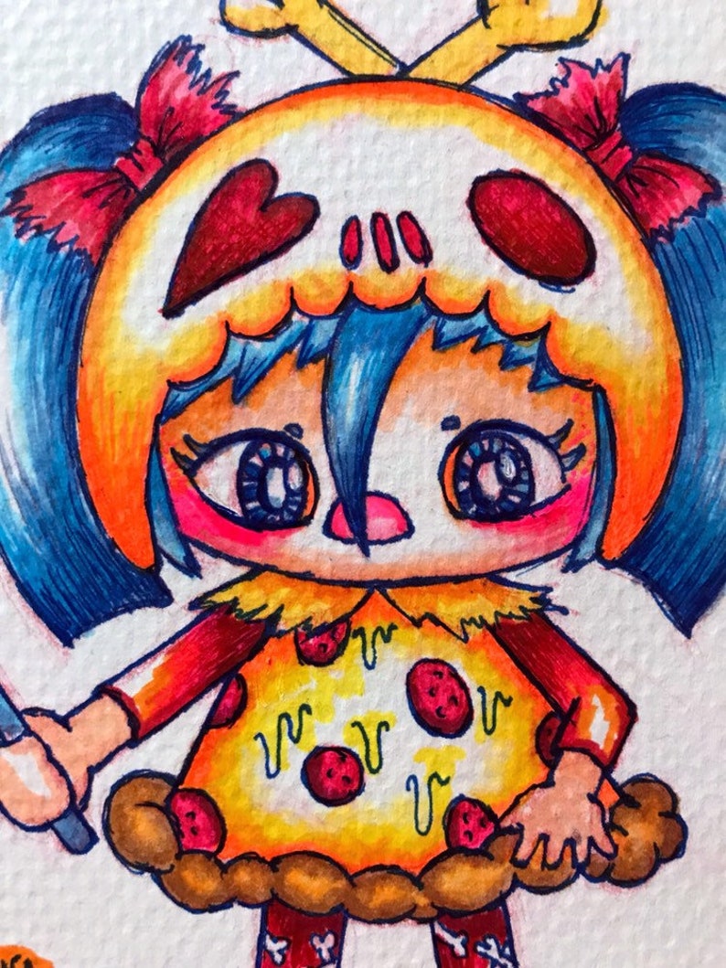 May include: A vibrant cartoon illustration of a character with blue hair and a skull-shaped head. The character is dressed in a pizza-themed outfit, complete with pepperoni and a brown crust. Red bows are in the hair, and it holds a knife.