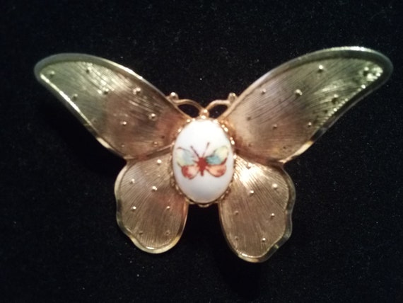 Vtg Goldtone Butterfly Pin/Brooch w/ Hand-Painted… - image 3