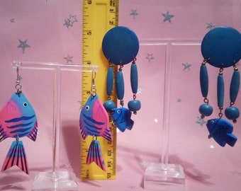 90s Fish Themed Wood Dangle Earrings, two pairs for price of one, lightweight and easy to wear, offered by original owner