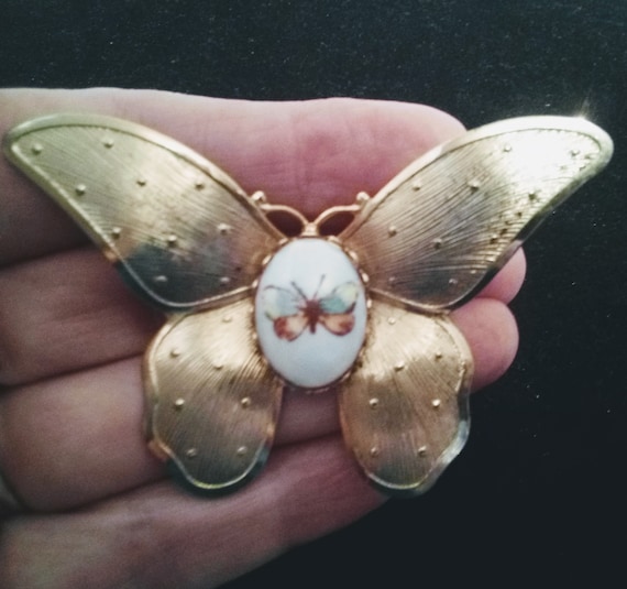Vtg Goldtone Butterfly Pin/Brooch w/ Hand-Painted… - image 1