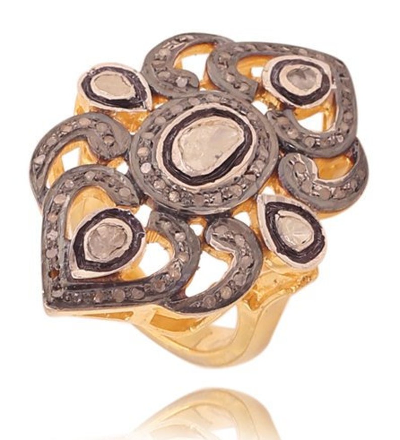 Beautiful Victorian 18k Gold /& Silver Rosecut Diamond and Diamond Polki Gemstone New Attractive Ring