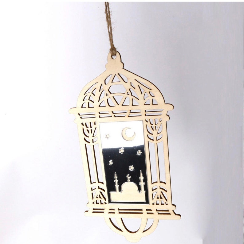 Eid or Ramadan Decorations Wooden Lantern Ornament With Silver Acrylic