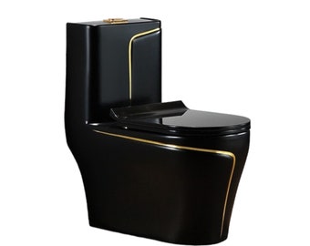 Opulent Elegance: Black Luxury Toilet with Gold Accents for Stylish Bathrooms - Dual Flush, Soft Close Seat Farmhouse Bathroom Free Standing