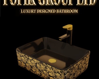 Bathroom decor Vanity Sink Bowl Golden Black Ceramic ,  Countertop Sink, Wash Basin Sink Bowl in Black with Gold Flowers