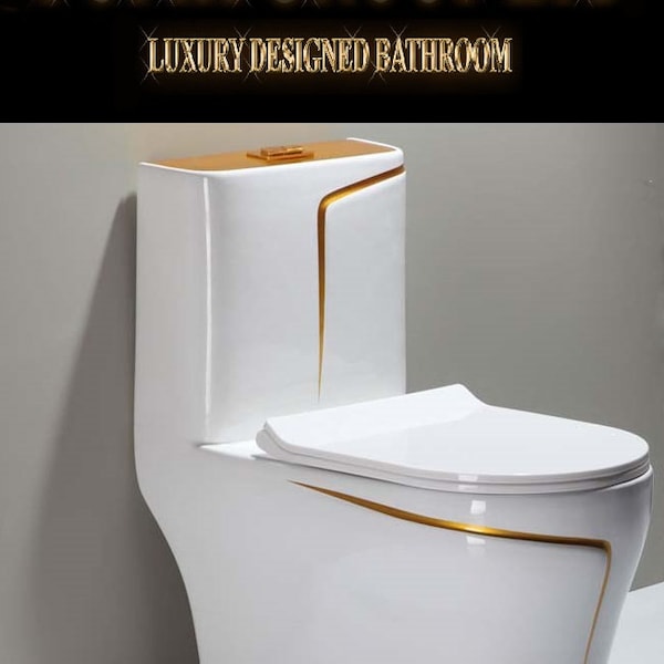 Decoración del baño Diseño blanco diamante de lujo Baño WC, Asiento de inodoro Gold Line, Inodoro de granja, Asiento de inodoro alargado con cierre suave