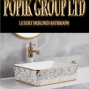 White Gold Floral Ceramic Bathroom Sink with Gold Faucet