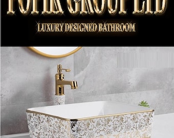 Bathroom Decor Kitchen Sink  White Gold Floral Bathroom Sink, Ceramic Washbasin, CounterTop Sink Bowl, with gold bathroom faucet