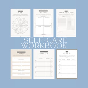 以下が含まれることがあります： 習慣、目標、人生の優先順位を追跡するためのページが書かれた白黒のセルフケアワークブック。ページには、習慣トラッカー、ライフマトリックス、目標トラッカー、ライフホイールが含まれています。
