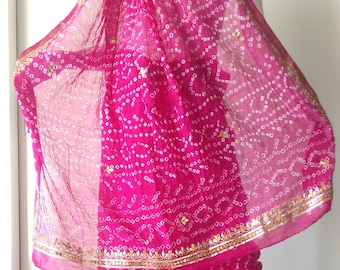Pink Bandhani Chunari Saree Hand Crafted Gotta Patti Embroidery Traditional Jaipuri Bandhej